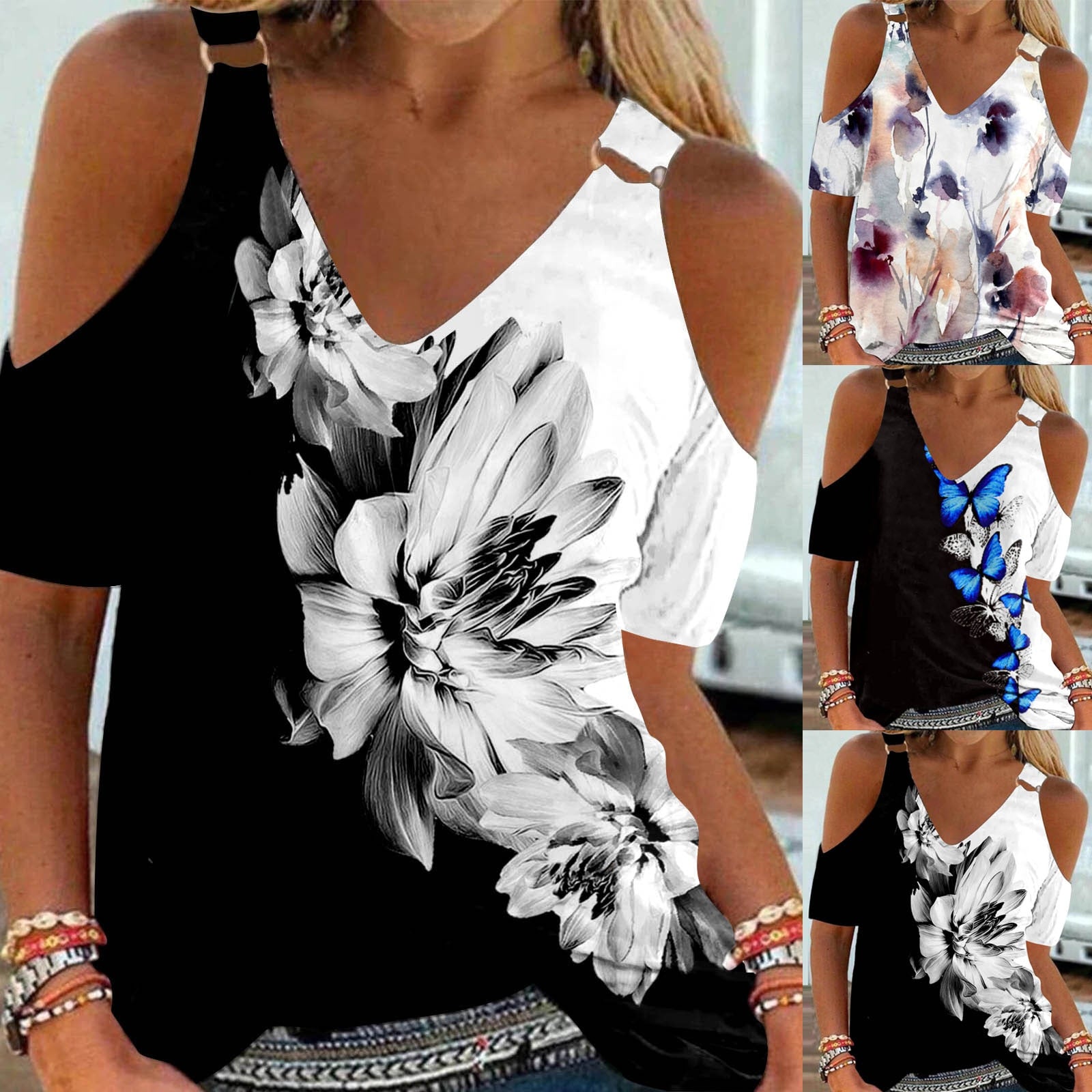 Fashion Print Off Shoulder Ladies Tops Summer Sexy V Neck Short Sleeve Casual Blouse 2022 Hot Women Outfits Party Dress Shirts